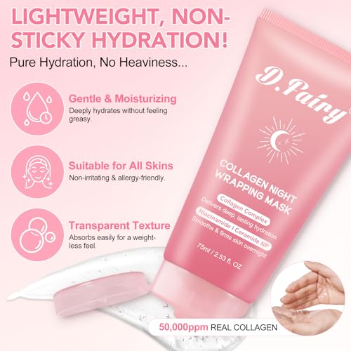D.Fairy Collagen Overnight Wrapping Peel Off Facial Mask Pack - Collagen Night Wrapping Mask - Hydration Care - Reduces Sagging & Dullness - Hydrolyzed Collagen For Glowing Skin, 2.53 fl.oz