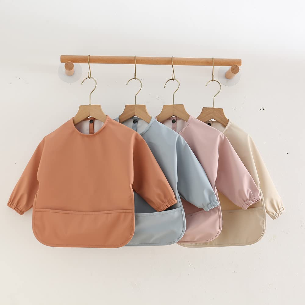 GZMM Waterproof Baby Bibs,Infant Toddler Long Sleeve Feeding Bib With Food Catcher,Wipe Clean & Washable