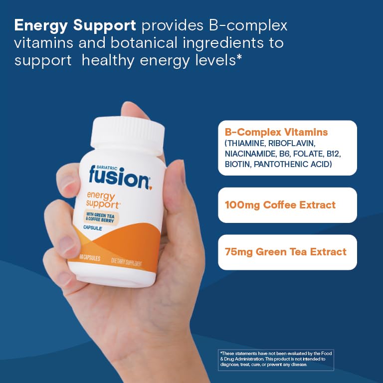 Bariatric Fusion B Vitamins for Energy Support | B-Complex with 70mg Natural Caffiene | Vegan Capsules | Bariatric Vitamins for Women and Men | Gluten, Dairy and Soy Free | Non-GMO | 60 Count