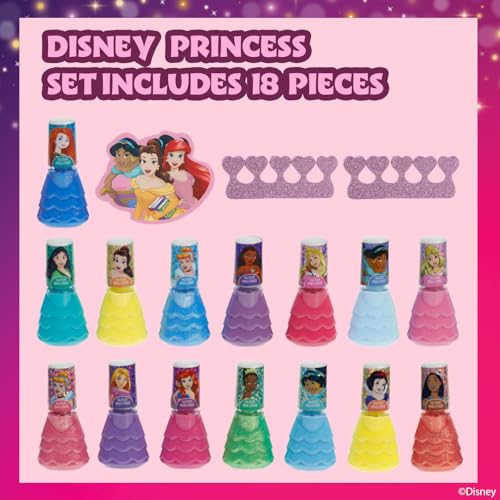 Townley Girl Disney Princess 15 Piece Water-Based Nail Polish with 3 Toe Spacers| Quick Dry| Peel Off| Gift Kit Set for Kids Girls| Ages 3