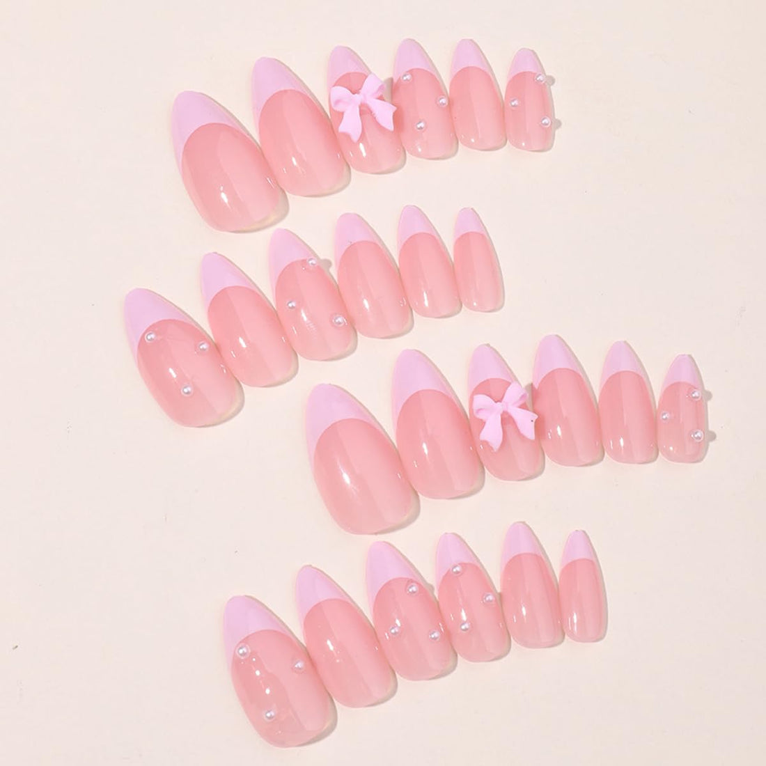 24pcs French Press on Nails, Almond Shape, Pink, with Bow & Pearl Design, French Tip, Luxury Glue on, Full Cover Artificial Nails for Women