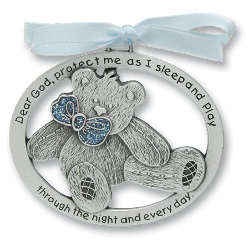 Sweet Teddy Bear Crib Medal for Baby Boy Crib Medal with Verse 2-1/2 Pewter Finish - Christening/Shower Gift/Baptism Keepsake/with Blue Ribbon- Infant - Newborn