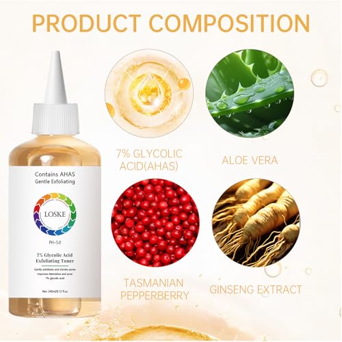 7% Glycolic Acid Face Exfoliating Toner for Clear Skin, Pore Minimizer, Radiant Complexion Enhancer, Daily Use Gentle Formula Suitable for All Skin Types
