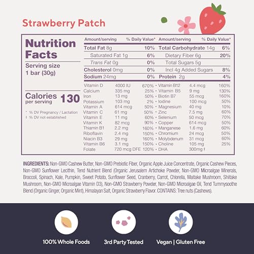 Tend Daily Best Prenatal Vitamin Bar, Made with Organic Ingredients for Pregnant & Postpartum Mothers, Includes DHA, Vitamin D, B, Choline, Folate, Sunflower Lecithin, Strawberry Patch Flavor (4ct)