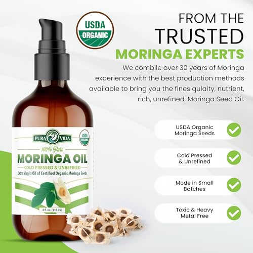 100% Pure Moringa Oil Organic for Face, Hair, Nails and Dry Skin - USDA Certified Single Origin Moringa Oleifera Seeds Extract - 3rd Party Tested, Cold Pressed & Unrefined Organic Moringa Seed Oil