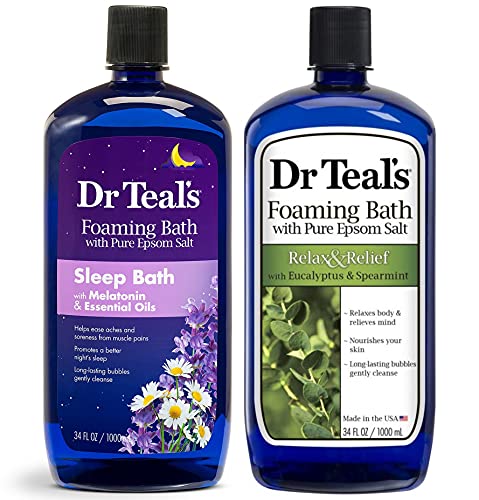 Dr Teal's Foaming Bath Variety Gift Set (2 Pack, 34oz Ea.) - Relax & Relief Eucalyptus & Spearmint, Melatonin Sleep Bath - Essential Oils Blended with Pure Epsom Salt Eases Aches & Aids in Sleep