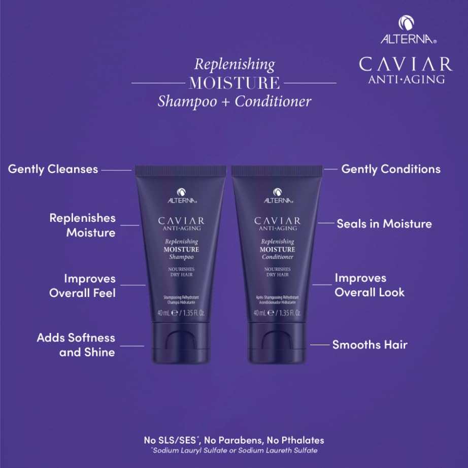 Alterna Haircare CAVIAR Anti-Aging Replenishing Moisture Trial Kit - Shampoo, Conditioner, Leave-In CC Cream | For Dry, Brittle Hair | Protects, Restores and Hydrates | Sulfate Free