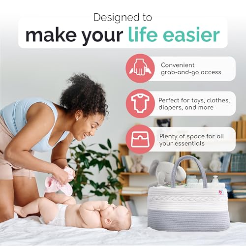 Babynma Rope Diaper Caddy - Storage for Baby and Toddler Items - Portable Cotton Organizer Easily Holds Diapers, Wipes, Clothing - Useful for Nursery, Bedroom (Gray, Extra Large)