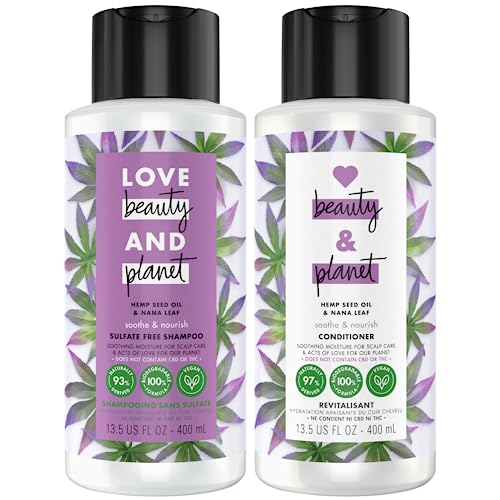 Love Beauty and Planet Shampoo and Conditioner, Hemp Seed Oil & Nana Leaf, Soothe & Nourish - Sulfate-Free Shampoo and Conditioner for Damaged, Dry Hair, Detangler, Scented, 13.5 Oz (2 Piece Set)