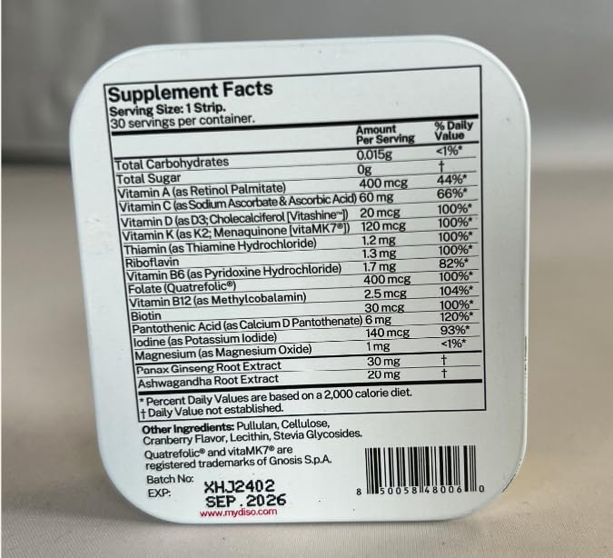 DISO - M-VIT - Multivitamin Dissolvable Oral Supplement Strips, Cranberry Flavor, Vegan, Sugar Free, High Absorption, Gluten Free, Individually Wrapped, 30 Count