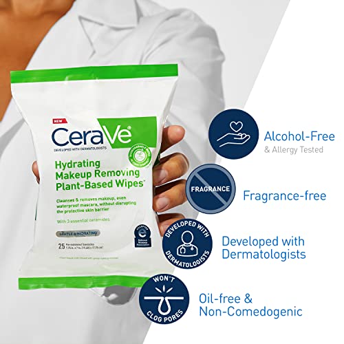 CeraVe Makeup Remover Wipes, Plant Based Face Wipes, Biodegradable in Compost, Waterless Face Wash, Travel Essentials for Women, Suitable for Sensitive Skin, Fragrance-free + Non-comedogenic, 25ct