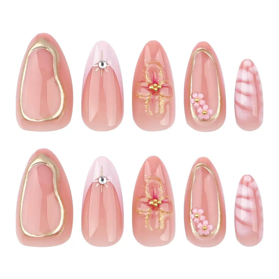 Press on Nails Medium Almond Fake Nails with 3D Flower Charms Design Pink False Nails Gold Line Acrylic Nails French Tip Glue on Nails Full Cover Stick on Nails for Women Manicure 24Pcs