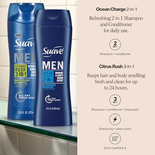 Suave Men’s 3-in-1 Body Wash, Shampoo & Conditioner, Citrus Rush + 2-in-1 Shampoo and Conditioner, Ocean Charge, 12.6 Oz Ea (2 Piece Set)