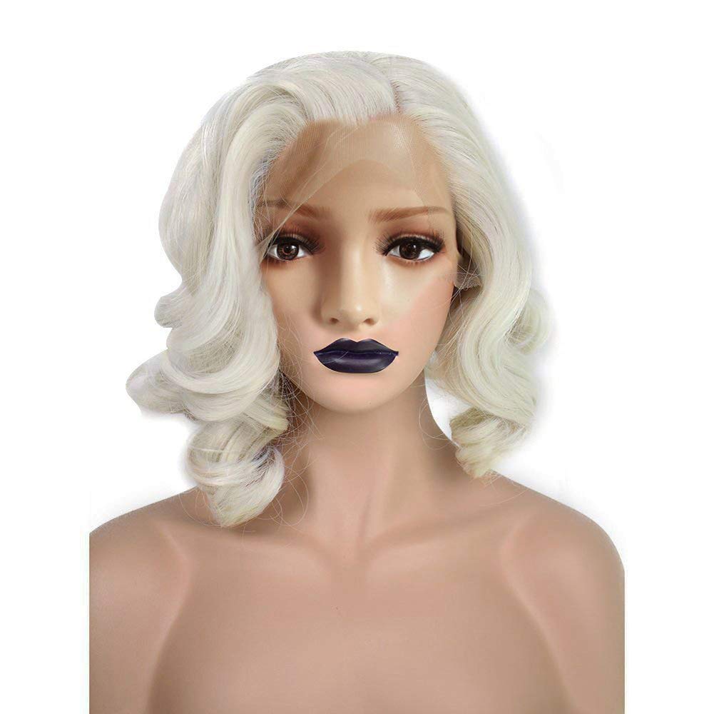Anogol Hair Cap+ Light Platinum Blonde Lace Front Wig Synthetic Hair Short Curly Bob Wigs Glueless Natural Hairline For Women