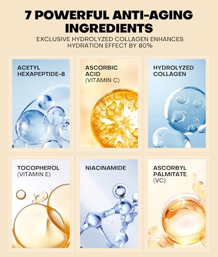 Pure Natural Skin Brightening & Anti Aging 20% Vitamin C Serum, Collagen Peptide Infused Face Serum for Deep Hydration, All-in-One Serum with Niacinamide, Retinol, Hyaluronic Acid, 2.02 Fl Oz