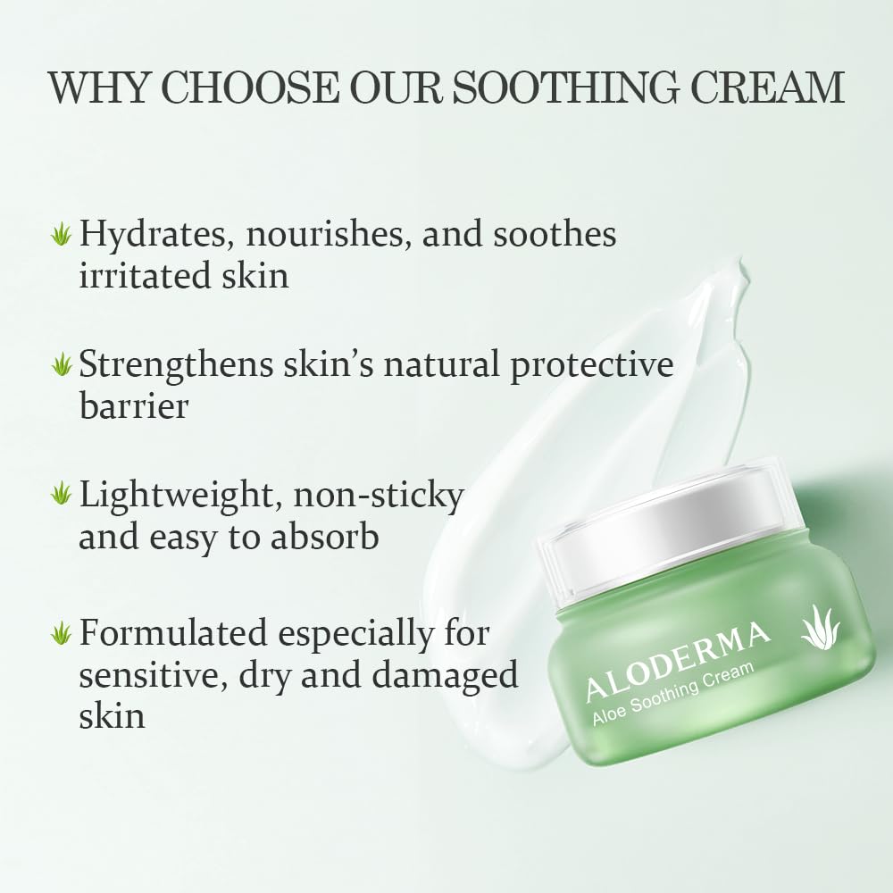 Aloderma Soothing Face Cream Made with 75% Organic Aloe Vera - Calming Facial Cream with Squalane & Vitamin E for Dry, Sensitive Skin - Reduces Redness, Helps Protect Damaged Skin, 50g/1.76oz