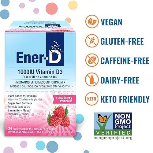 Ener-D Raspberry Multivitamin Drink Powder - Sugar Free Vitamin D3 - Immune & Energy Support - for Men & Women - Zinc, Vitamin B & C, Electrolytes - Vegan, Non-GMO Real Fruit Juice - 24 Servings