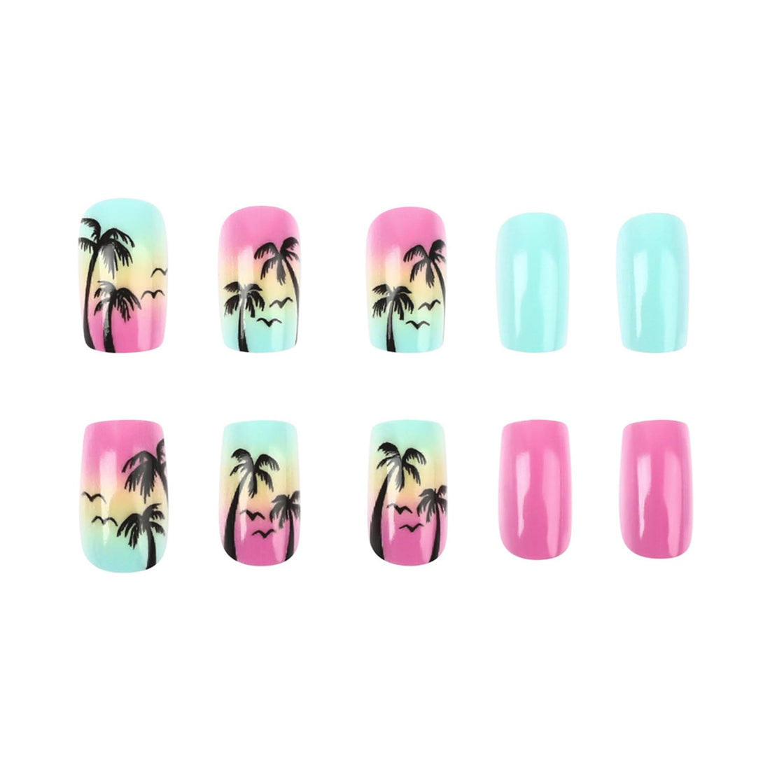 Summer Press on Nails Short Square Fake Nails with Palm Tree Seagull Designs Blue Pink Gradient Acrylic False Nails Beach Coconut Tree Full Cover Glue on Nails Glossy Stick on Nails for Women 24Pcs