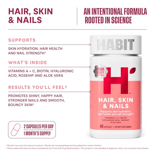 Habit Hair, Skin & Nails Supplement 2 Pack (120 Capsules) - New Look, Supports Skin Hydration, Hair & Nail Strength, Biotin 2000mcg, Vitamin A & C, Hyaluronic Acid, Rosehip, Vegan, Non-GMO