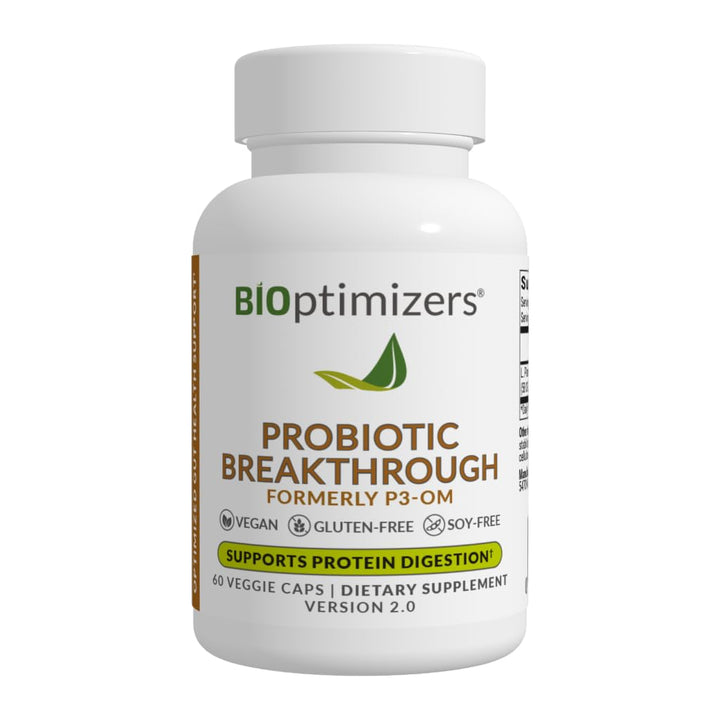 BiOptimizers Probiotic Breakthrough, Proteolytic Prebiotics & Probiotics Supplement – Lactobacillus Plantarum OM for Immune, Bloating & Gut Relief Support, 60 Vegan Capsules