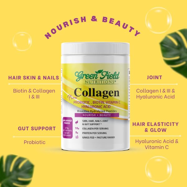 Greenfield Nutritions Halal Collagen Peptides Powder - 9g Halal Protein Probiotic, Biotin, Hyaluronic Acid & Vitamin C - 270g Halal Collagen for Women & Men - Supports Hair, Skin, Nails, Joints & Gut