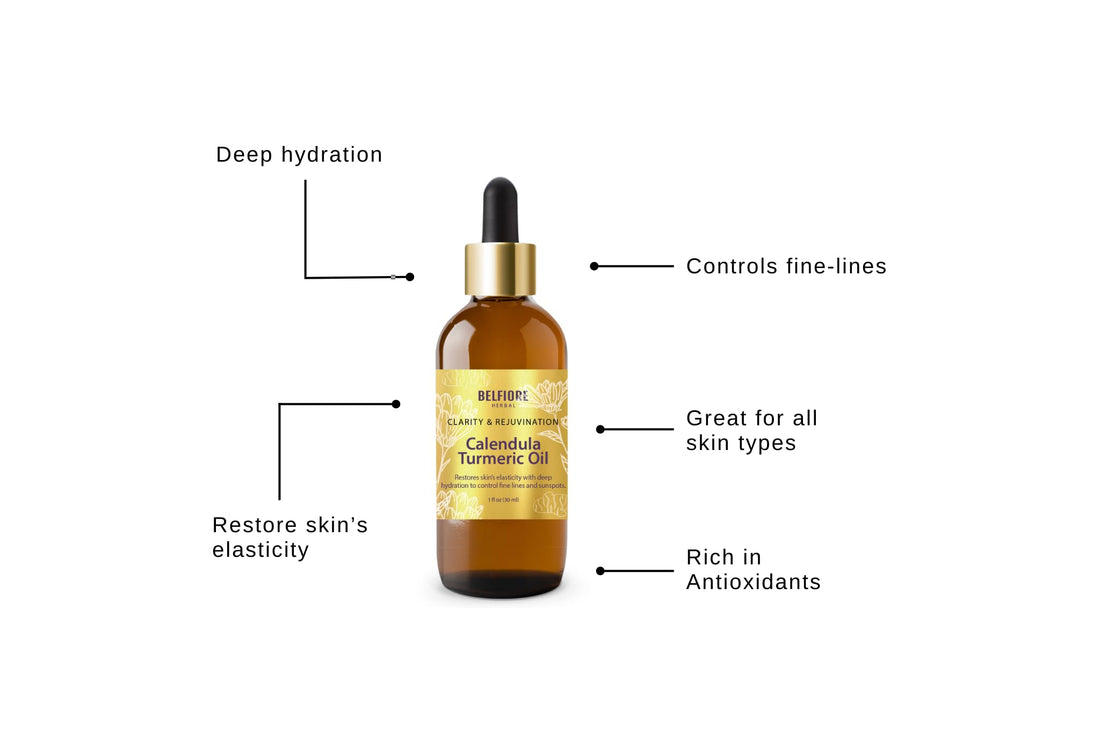 Belfiore Herbal Calendula Turmeric 100% Pure Natural Organic Oil, Healthy Skin, Collagen Boosting Anti Wrinkle, Vegan, 1 ounce