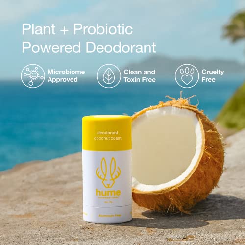 Hume Supernatural Aluminum Free Deodorant for Women & Men - Safe for Sensitive Skin - Probiotic, Plant-Based, Baking Soda Free, Aloe, & Cactus Flower, Anti Sweat, Stain & Odor - Coconut Coast 1-Pack
