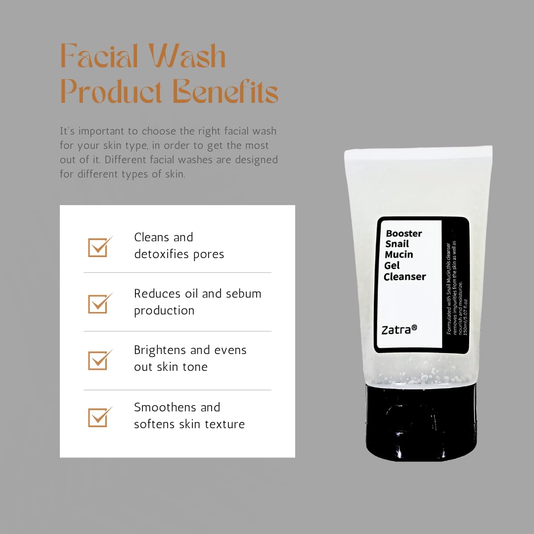 ZATRA SNAIL MUCIN FACE CLEANSER BOOSTER! Remove Dirt, Excess Oil, Unclogged Pores, BlackHeads, Impurities, Deep Cleaning, For Sensitive Skin, And All Skin Type!