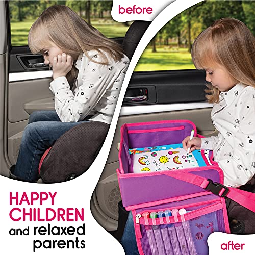 ECOFANTASY Kids Travel Tray - Waterproof Lap Table with No-Drop Large Tablet Holder - Car Seat Tray - Road Trip Essentials Kids - Car Desk Organizer for Airplane - Toddler Travel Essentials (Pink)