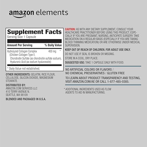 Amazon Elements Collagen Complex with Hyaluronic Acid, 90 Capsules, 3 Month Supply