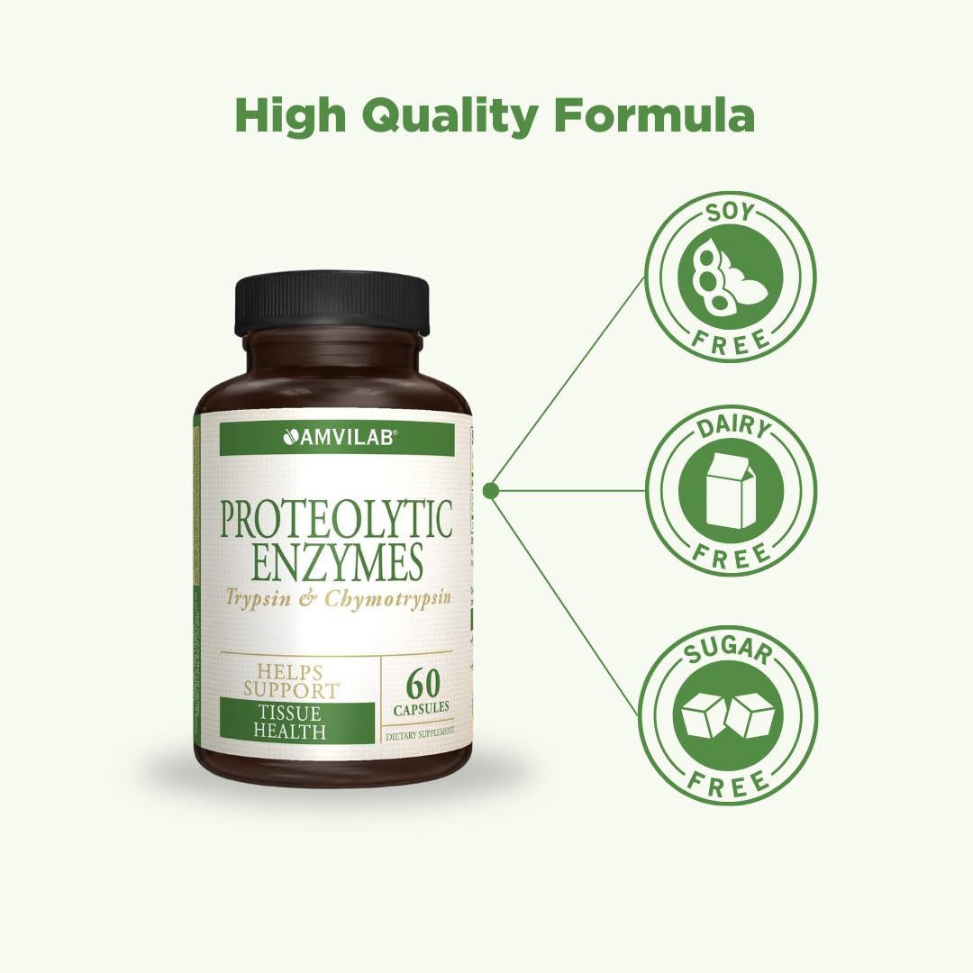 Amvilab - Proteolytic Enzymes - Trypsin & Chymotrypsin - Reduces Edema & Inflammation From Tissue Injury - Supports Digestive, Tissue & Immune Health - Recovery Boost - Dietary Supplement -60 Capsules