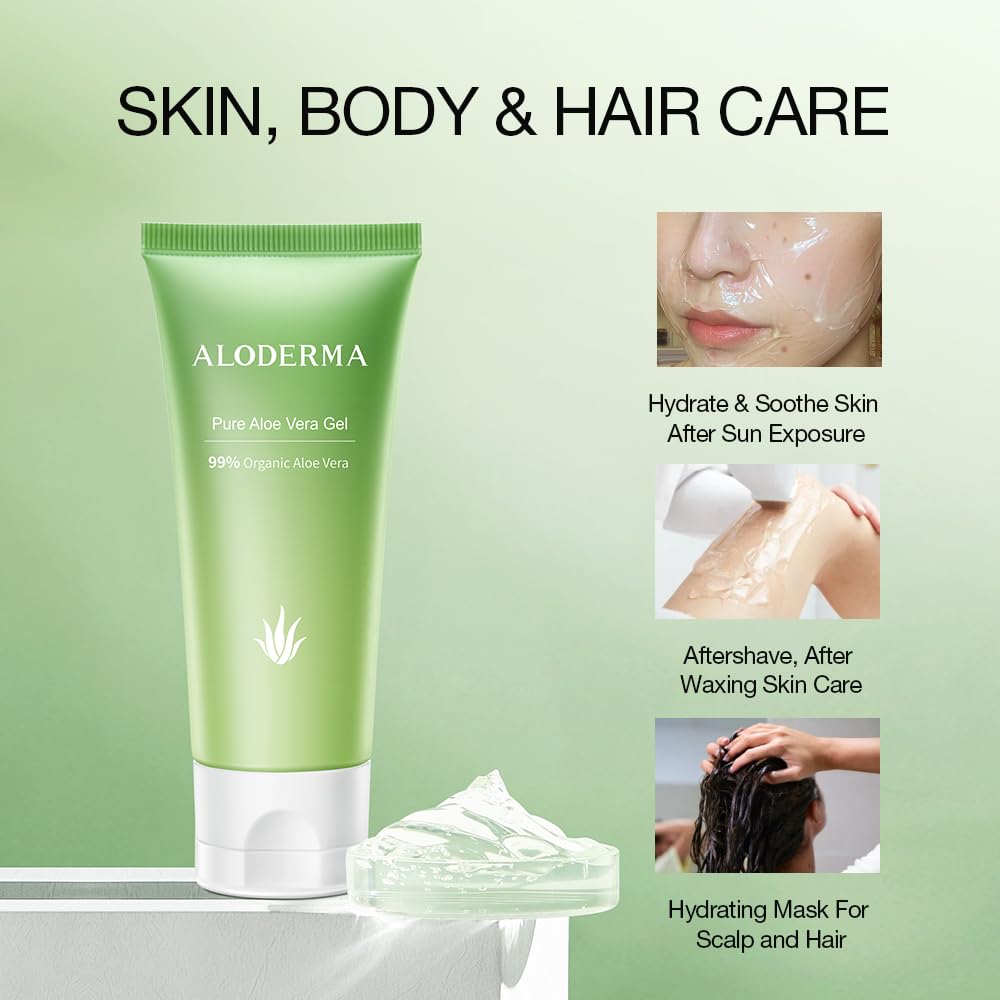 Aloderma Pure Aloe Vera Gel - Soothes and Hydrates Dry, Itchy, or Irritated Skin; great for Acne, Dandruff, Sunburn, Rashes (4 oz)