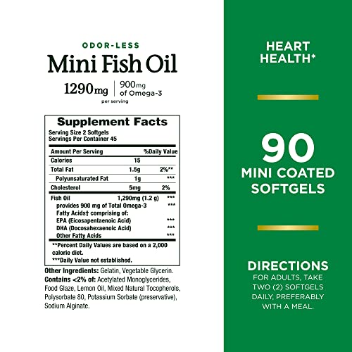 Nature's Bounty Mini Fish Oil Softgels 1290 mg, Omega-3, Supports Heart Health, Odor-Less, 90 Mini Coated Softgels