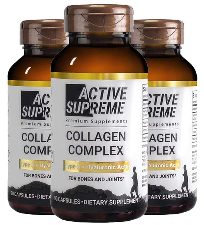 Active Supreme 3 Pack Collagen Pills Type 2 for Joint and Cartilage Support - Grass Fed Beef Collagen Hydrolyzed Type 2 Capsules with Vitamin C and Hyaluronic Acid