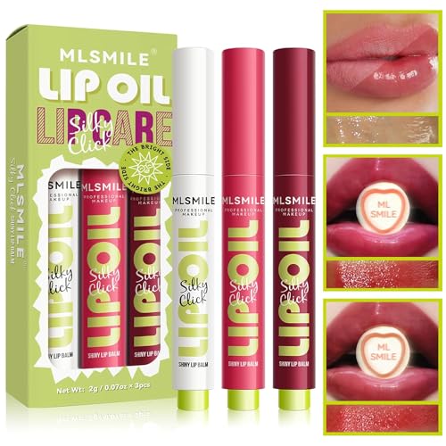 3 Colors Fat Lip Oil Click Slick, Moisturizing and Long-lasting Lip Balm, Non-stick and High Pigment Lip Glow Oil, Lightweight Lip Plumper with Coconut Oil (Set: A)