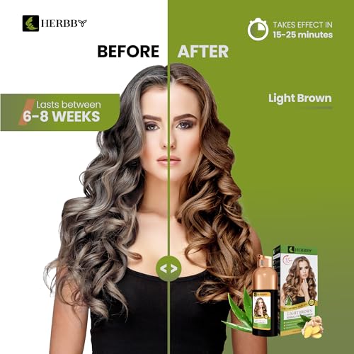 HERBBY Hair Color Shampoo for Gray Hair Coverage&Color Transform with 9 Herbal Extracts –Long Lasting(6-8 Weeks),Shiny,Evenly Colored,Instant Hair Dye Shampoo&Conditioner, 500 Ml (LIGHT BROWN COLOR)