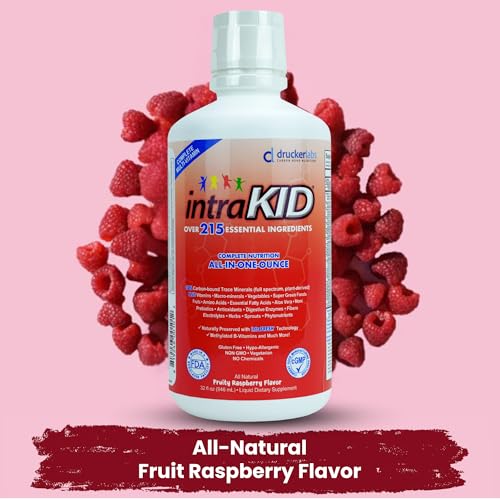 intraKID DRUCKER Labs 2.0 Organic Liquid Trace Minerals, Liquid Multivitamin for Kids, Immune Support, Non GMO, Dairy Free, Gluten Free, Magnesium, Vitamin D, C, E, Zinc, (32 oz., Fruity Raspberry)