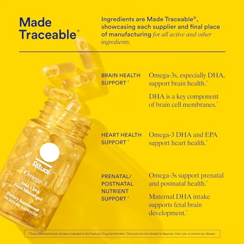 Ritual Omega 3 - Vegan - Science-Backed Dose of DHA & EPA Fatty Acids in 2:1 Ratio, Bioavailable, Brain and Heart Health Support, Minimal Burp-Back, Sustainably Sourced Microalgae, 30 Day Supply