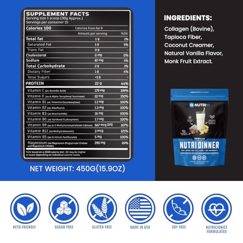 NutriDinner by Nutrillermo | Grass-Fed Collagen Protein Powder | Collagen with Magnesium B-Vitamins | Collagen Supplement for Sleep and Recovery (14,9, Vanilla)