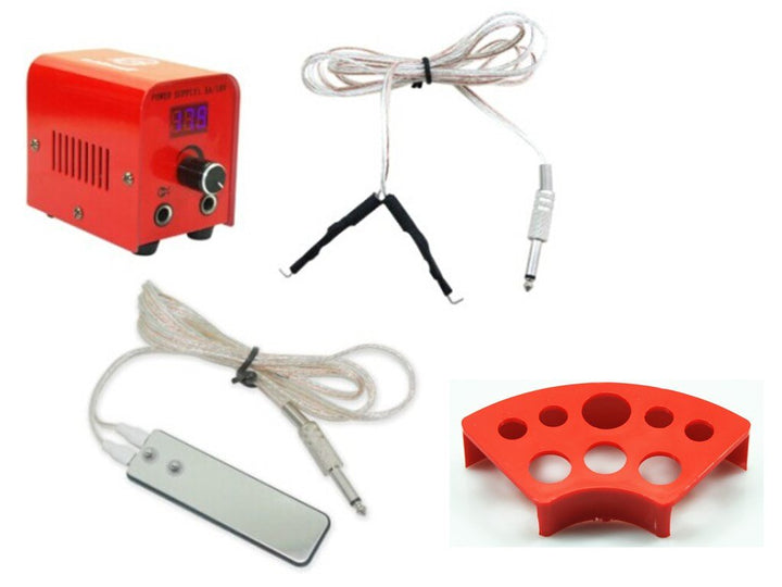 1TattooWorld Red Series Tattoo Kit 2 Tattoo Machines, Digital Power Supply, 10 Color 5ml Tattoo inks, Grips, Needles, Transfer Paper