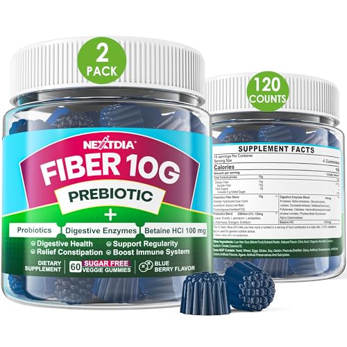 Fiber Gummies for Adults, Sugar Free 10g Prebiotic Fiber Supplement with Digestive Enzymes, Probiotics & 100mg Betaine for Digestive & Gut Health and Regulate Bowel Movement, Vegan, Gelatin Free,120ct