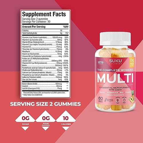 SUKU Vitamins - Complete Women's Multi - with Boron, Vitamin K2, B12, A and More for Women Health - Easy to Chew - Non GMO, Gluten Sugar Free - Pineapple & Peach Flavored Gummy Vitamins, 60 Count