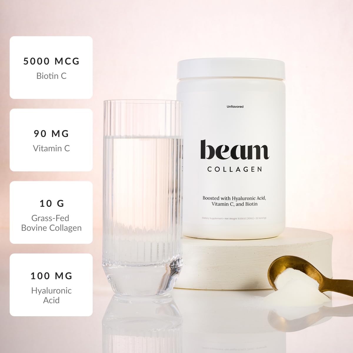 Beam Collagen Powder, Collagen Peptides For Women & Men, Grass Fed Collagen Supplements with Biotin, Protein and Hyaluronic Acid, Hair, Skin, Nail & Joint Support, Gluten Free, Sugar Free, 30 Servings