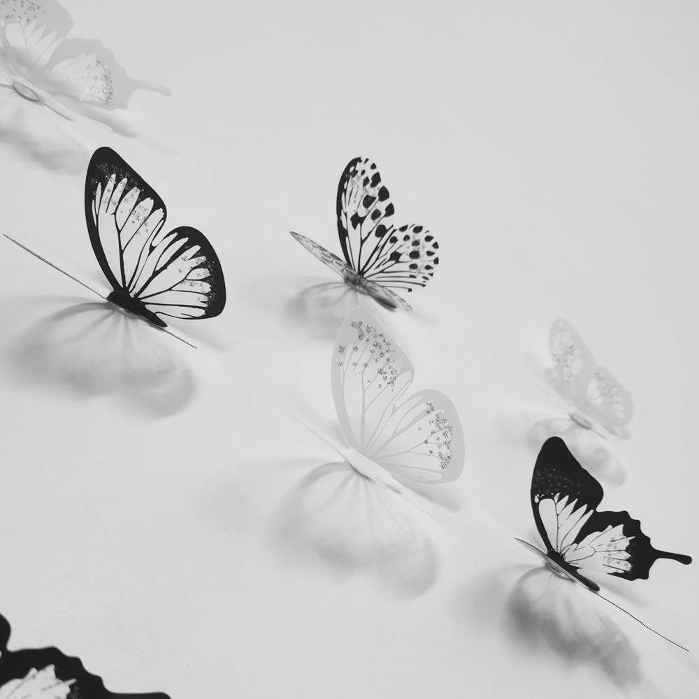 72 Pcs 3D Crystal Butterfly Wall Decor with Adhesive,maxin Butterflies Wall Decal Mural Stickers Wall Stickers Home DIY Decor for Baby Kids Bedroom, Living Room(Black and White)