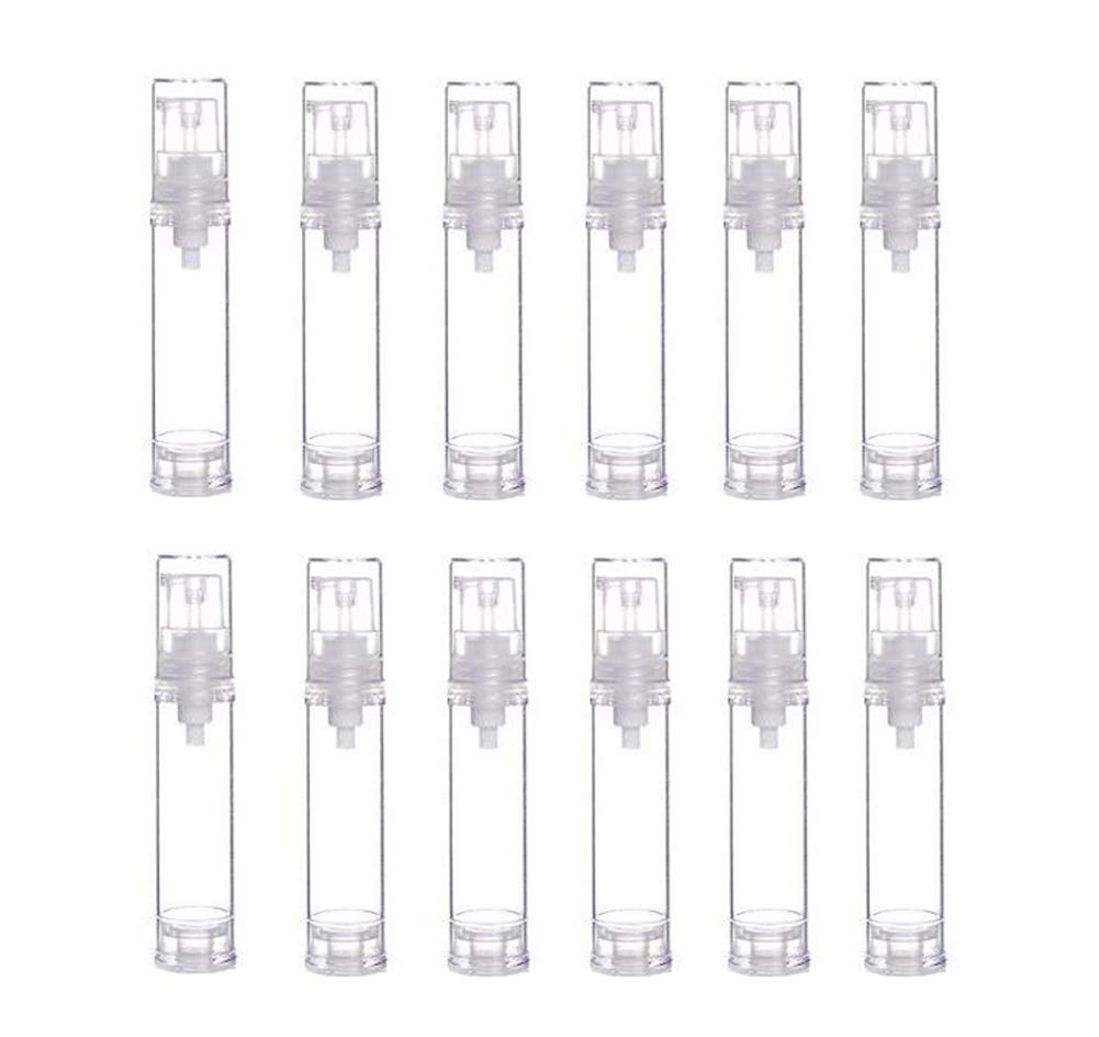 12Pcs Portable Empty Refillable Clear Plastic Airless Vacuum Pump Bottle Cosmetic Make-up Cream Lotion Sample Packing Toiletries Liquid Storage Container Vial Jars(10ml/0.34oz)