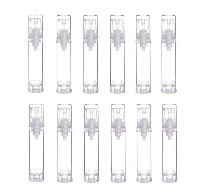 12Pcs Portable Empty Refillable Clear Plastic Airless Vacuum Pump Bottle Cosmetic Make-up Cream Lotion Sample Packing Toiletries Liquid Storage Container Vial Jars(10ml/0.34oz)