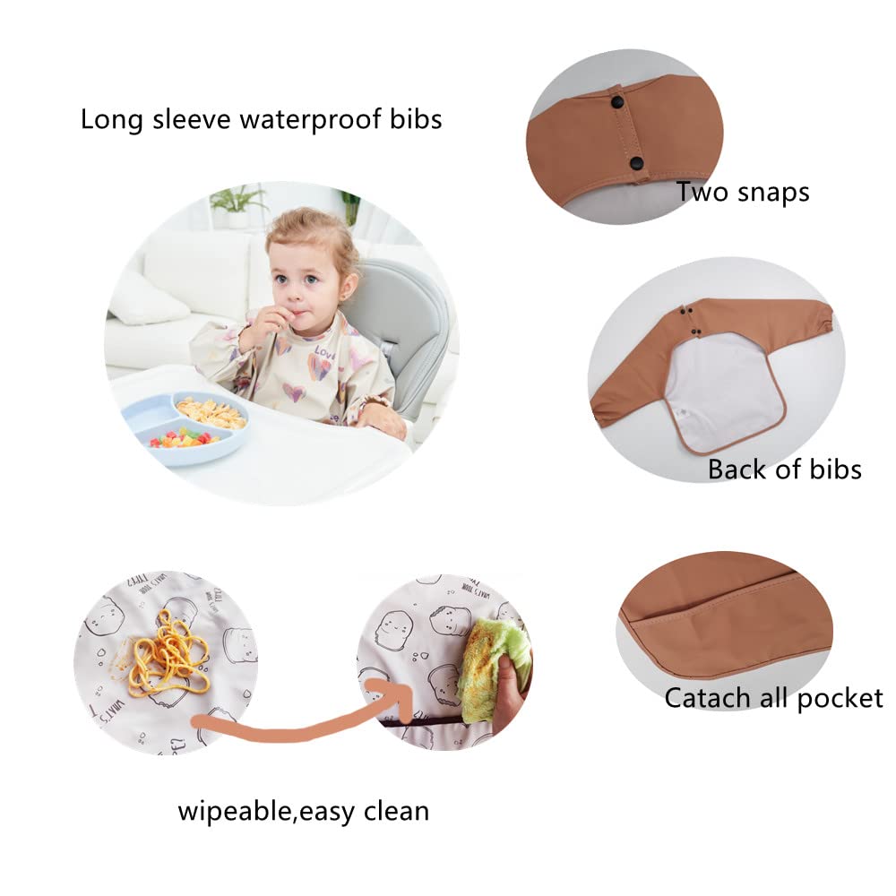 GZMM Waterproof Baby Bibs,Infant Toddler Long Sleeve Feeding Bib With Food Catcher,Wipe Clean & Washable