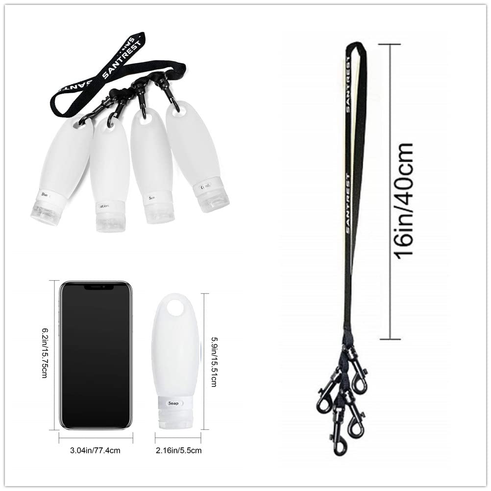 SANTREST Leak Proof Travel Bottles - Refillable Travel Containers with Shower Lanyard,3.3oz TSA Approved Squeezable Silicone Travel Tube Set for Gym Shampoo Lotion Soap(4 Pack White)