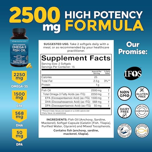 Viva Naturals Triple Strength Omega 3 Fish Oil Supplement - 2500 mg Fish Oil with Re-Esterified Omega 3 Fatty Acids Including EPA, DHA DPA - 30 Pescatarian-Friendly Softgels
