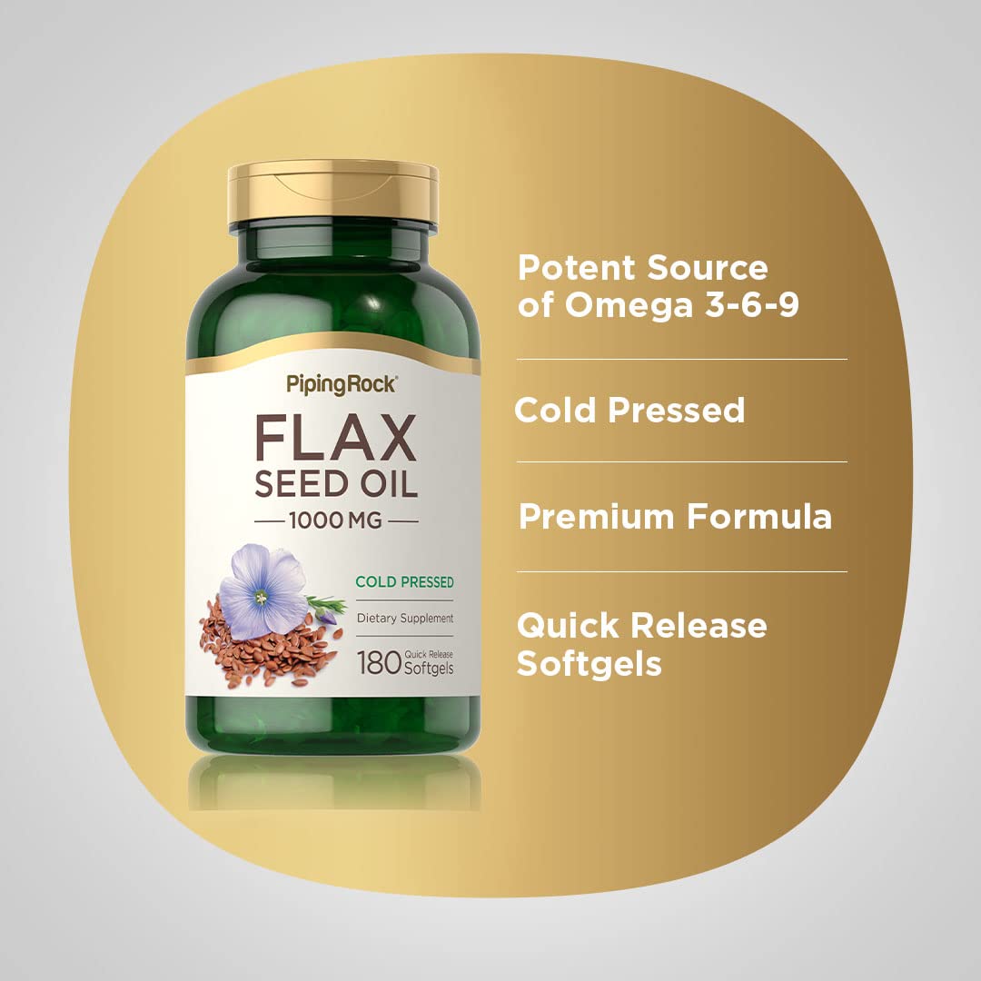 Piping Rock Flaxseed Oil 1000mg Softgel Capsules | 180 Count | Cold Pressed Supplement | Non-GMO, Gluten Free